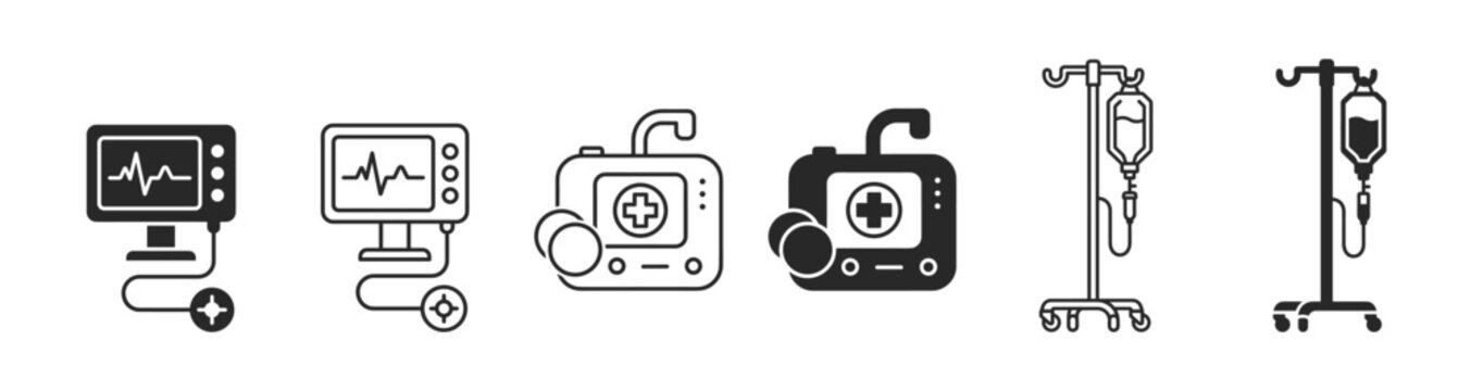 Medical equipment monitoring therapy hospital devices set icon on transparent background