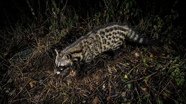 African civet nocturnal portrait East Africa camera trap quality close overhead aerial top-down perspective natural sidelight stormy dramatic light with dark sky background contrast