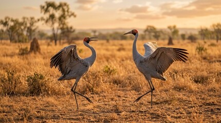Naklejka premium Brolga crane pair dancing Queensland dry season landscape red crown vivid eye-level intimate close approach OM System OM-1 Mark II PRO crisp midday late afternoon warm orange light on savanna grass