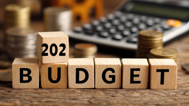 Wooden alphabet blocks spell out the word budget with the year 202 positioned above the letters
