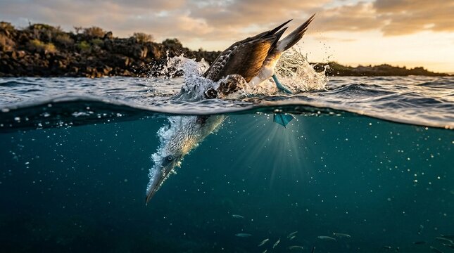 Blue-footed booby diving entry into sea off Galapagos arrow-shape plunge underwater split surface Leica SL2 APO twilight glow golden hour warm backlight creating rim glow on fur