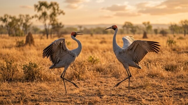 Brolga crane pair dancing Queensland dry season landscape red crown vivid eye-level intimate close approach OM System OM-1 Mark II PRO crisp midday late afternoon warm orange light on savanna grass