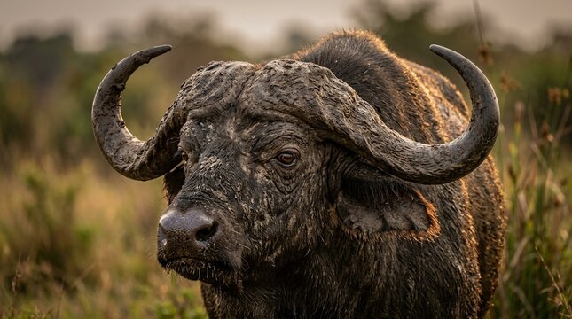 Cape buffalo close portrait Murchison Falls mud-covered horns boss close eye-level intimate close approach overcast diffused light golden hour warm backlight creating rim glow on fur
