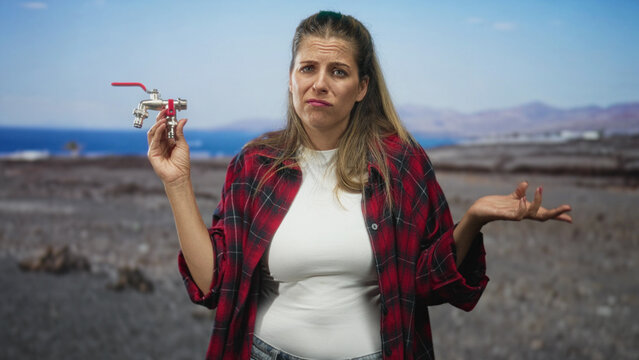 Woman holds faucet valve in one hand and shrugs with the other hand, expressing exasperation in a studio; plumbing problem frustration.