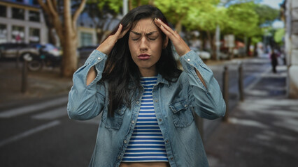 Fototapeta premium Young hispanic woman presses her temples on a city street wearing denim jacket and striped crop top; stress headache.
