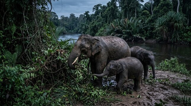 Bornean pygmy elephant family group Kinabatangan River Borneo largest in frame feeding or foraging close behavioural 2.8 dusk backlight flat winter light with desaturated cool tones