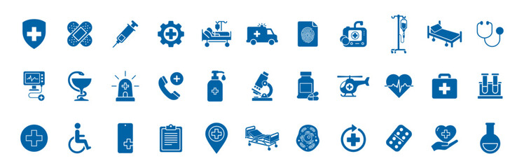 Blue medical and healthcare icon set, hospital equipment and emergency symbols collection on transparent background © Ira