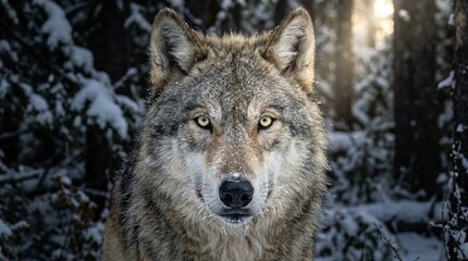 Fototapeta premium Gray wolf face close-up pale yellow eyes in focus winter coat thick Yellowstone morning backlight deep forest shade with single light shaft