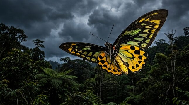 Golden birdwing butterfly male New Guinea forest enormous wingspan three-quarter angle body composition midday harsh sun stormy dramatic light with dark sky background contrast