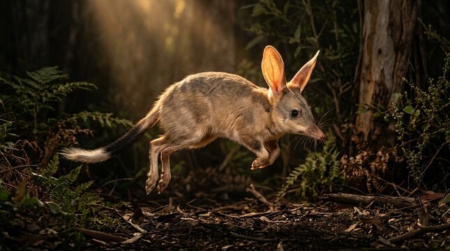 Greater bilby close portrait Australia nocturnal large ears vivid golden hour deep forest shade with single light shaft