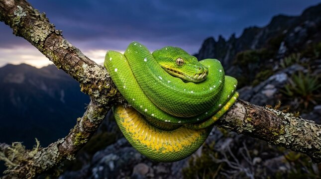 Green tree python coiled on branch New Guinea bright green vivid yellow ventral 2.8 dusk backlight sharp alpine light above treeline with deep blue sky