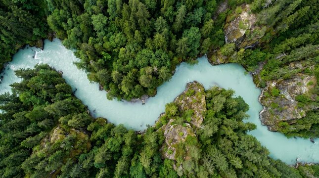 A winding turquoise river flows through dense green forests and rocky cliffs, creating a vibrant natural landscape from an aerial perspective.