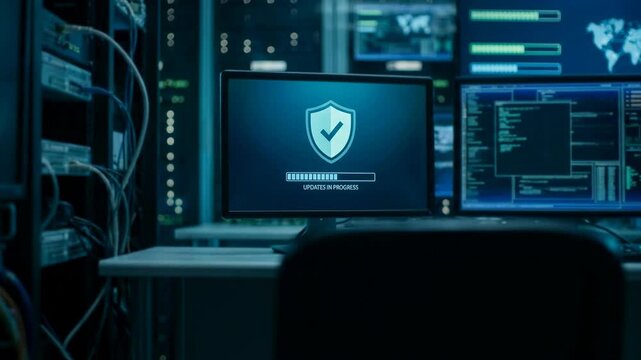 Computer monitor showing system update in progress inside high tech server room. Cybersecurity software process with shield icon for digital infrastructure safety.