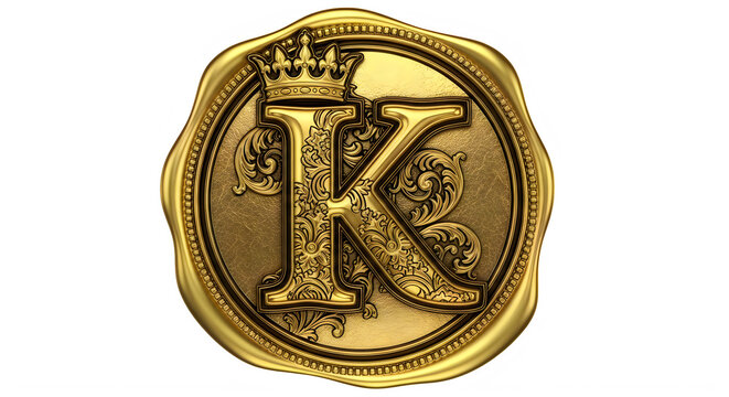 Golden wax seal with ornate letter K and crown isolated on transparent background transparent background