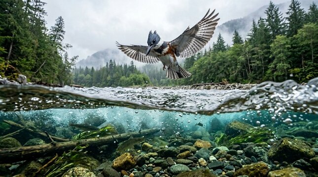 Belted kingfisher hovering over river British Columbia fast shutter freeze underwater split surface 2.8 midday sun misty morning ambient light with atmospheric depth