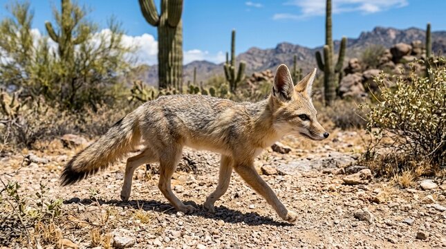 Kit fox close portrait Sonoran Desert Arizona evening light midday harsh sun harsh midday sun casting strong shadow and vivid colour