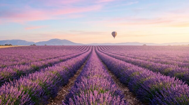 A serene lavender field at sunset with rows of vibrant purple flowers and a hot air balloon floating above distant hills under a pastel sky.