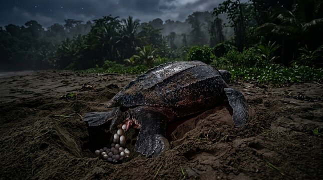 Leatherback sea turtle nesting on Trinidadian beach at night releasing eggs three-quarter angle body composition dappled forest light misty morning ambient light with atmospheric depth
