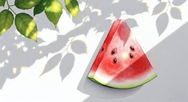 A triangular slice of red watermelon on a white surface, with copy space. Bright sunlight and delicate leaf shadows create a sunny summer atmosphere for culinary blogs and menu designs.