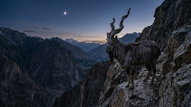 Markhor wild goat on rocky cliff Pakistan extraordinary corkscrew horns three-quarter angle body composition Leica SL2 APO twilight glow moonlit silver-blue night ambience