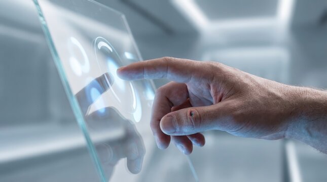 A hand interacts with a futuristic transparent touchscreen interface displaying a user icon in a sleek, modern environment.