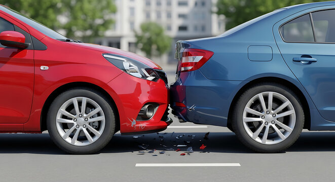 Two cars crashed into each other on a city street with damaged bumpers and debris transparent background