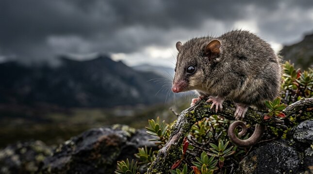 Pygmy possum mountain pygmy possum NSW Alps close portrait rare morning backlight stormy dramatic light with dark sky background contrast