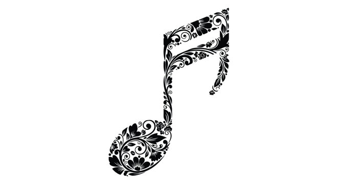 ornate musical note with floral patterns on white background silhouette high quality professional detailed modern elegant stylish clean crisp vibrant colorful