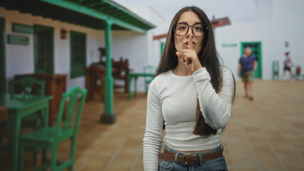 Fototapeta premium Young hispanic woman wearing glasses and denim points finger to green chair beside a white building with tiled courtyard and outdoor cafe tables; playful hush.
