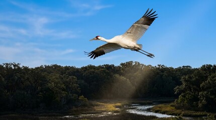Fototapeta premium Whooping crane in flight Aransas National Wildlife Refuge Texas white against blue sky morning backlight deep forest shade with single light shaft