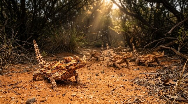 Thorny devil close portrait Australian desert sand orange thorns vivid group or herd wide environmental Phase One IQ4 150MP soft morning light deep forest shade with single light shaft