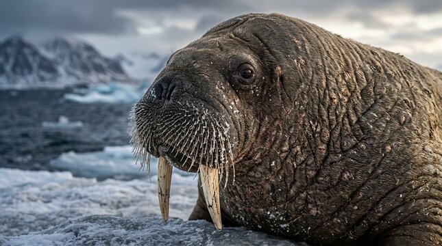 Walrus close portrait Svalbard on ice tusks whiskers textured skin tight portrait headshot with shallow depth of field stormy backlight