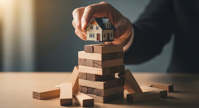 Hand balancing house on precarious wooden blocks