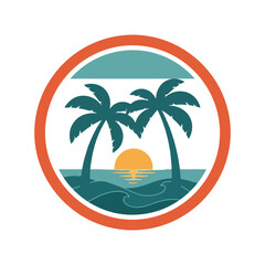Fototapeta premium Retro Tropical Sunset Island with Palm Trees and Ocean Waves