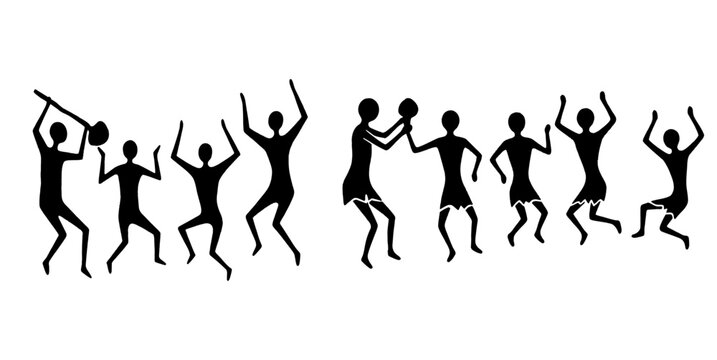 Ancient rock art silhouette dancing figures depicting tribal celebration and community life