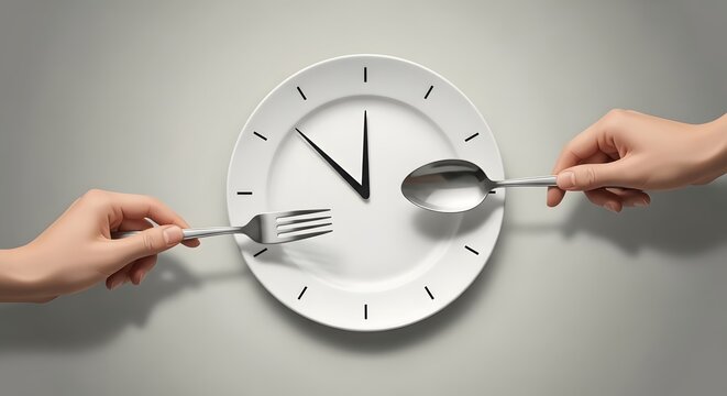 Two hands holding fork and spoon on clock plate