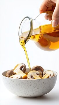 Hand pou golden honey from glass jar into a white bowl filled with sliced mushrooms on a clean white background with high contrast and minimalistic style
