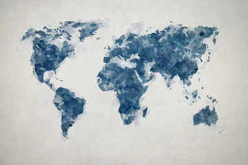 Grunge world map on vintage paper background in watercolour style. © javarman