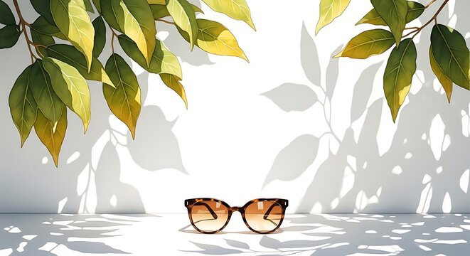 Stylish tortoise shell sunglasses on a white surface with copy space. Tropical tree leaves and soft shadows create a summer aesthetic for fashion blogs and social media advertising.