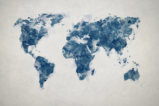 Grunge world map on vintage paper background in watercolour style.