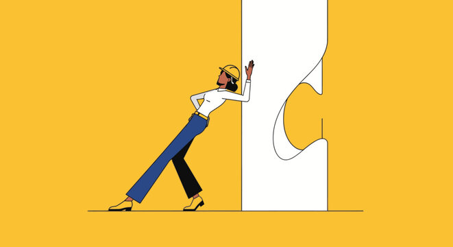 Stylized illustration of a businesswoman in a hard hat pushing a giant puzzle piece, representing problem-solving, strategy, and building success.