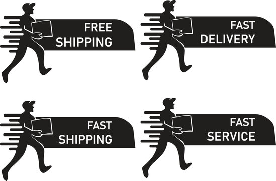 Free shipping and fast delivery service icon set running delivery man with box silhouette vector