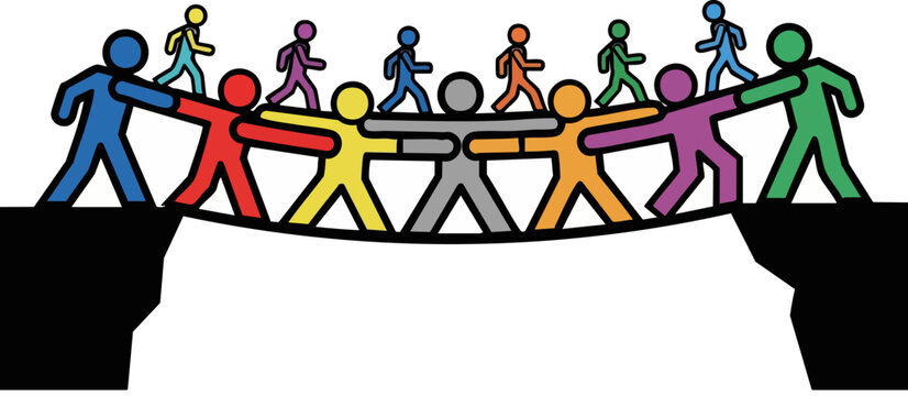 Teamwork human bridge concept vector, colorful people figures connecting across a gap, unity and business collaboration metaphor, support and partnership