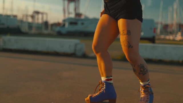 Tattooed woman roller skating at sunset