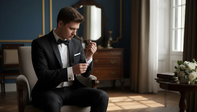 Young man adjusting cufflinks while sitting in elegant room