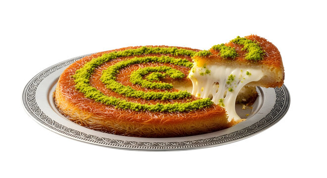 Traditional Turkish Kunafa with melted cheese and crushed pistachios, Middle Eastern dessert on silver plate, sweet crispy pastry with cheese pull