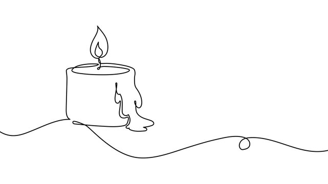 Continuous line art drawing of hand holding candle flame, minimalist single-line symbol perfect for memorial designs, spa logos, or harmony illustrations on white background.