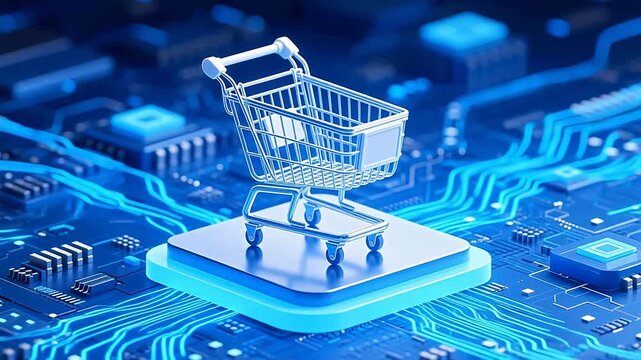 White shopping cart floating on circuit board