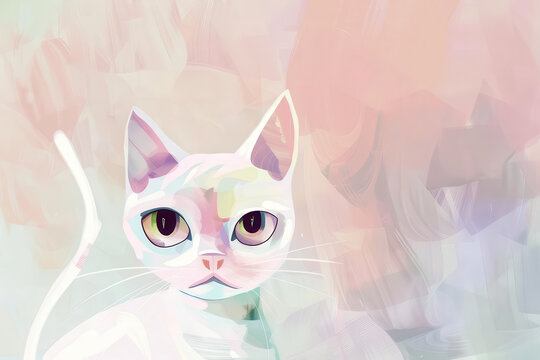 Cat with colorful patterns sits against a soft background in an artistic style