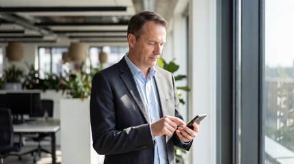Fototapeta premium Businessman in modern office looking at smartphone standing by window with blurred background of coworking space